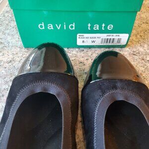 Preowned David Tate Nicole Black Suede Patent Ballet, Size 8.5W